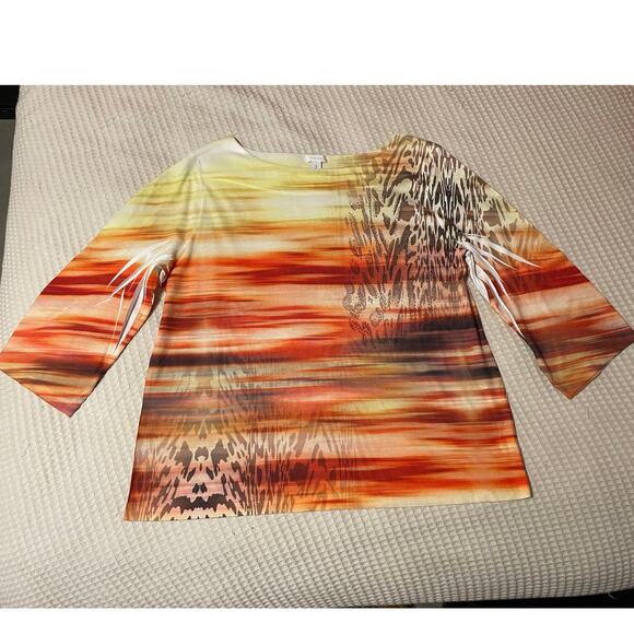 Chico's Boho Y2K Sunset Animal Print Boat Neck 3/4 Sleeve Yellow Orange Top 3 XL - Picture 8 of 12